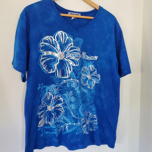 GUAVA BEACH Women M Kona Hawaii Royal Blue Silver Floral Tie Dye T Shirt SS EUC - Picture 4 of 11